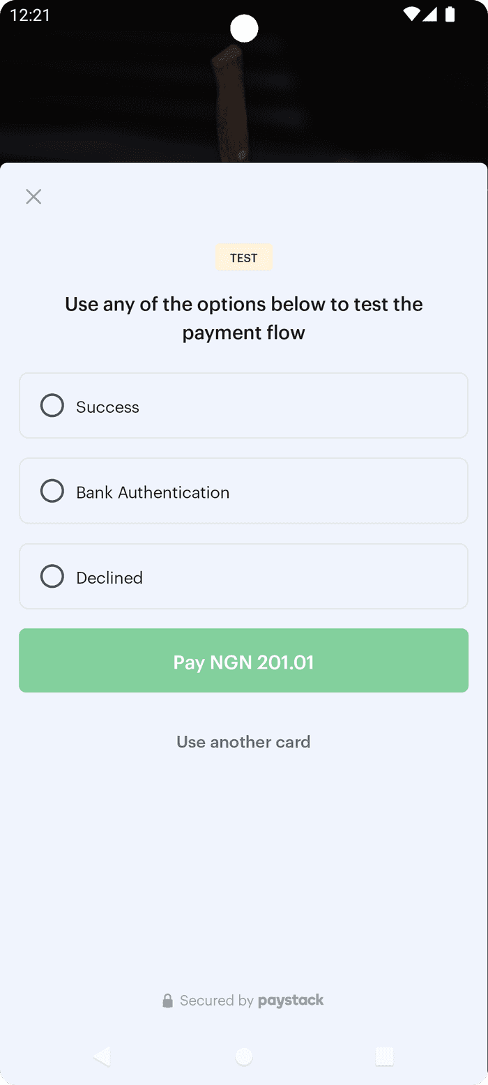 Checkout Activity containing a form to collect card details