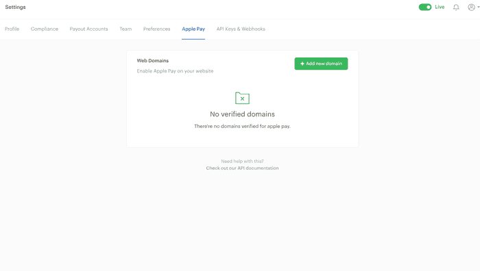 Image of the Paystack Apple Pay page, showing where to add a domain name