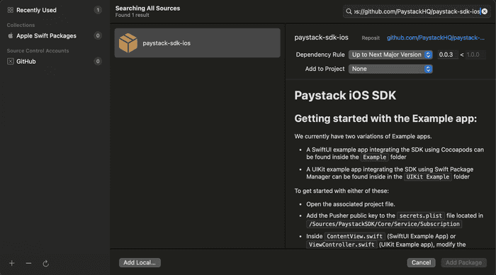 Package dependency popup showing how to add paystack-sdk-ios
