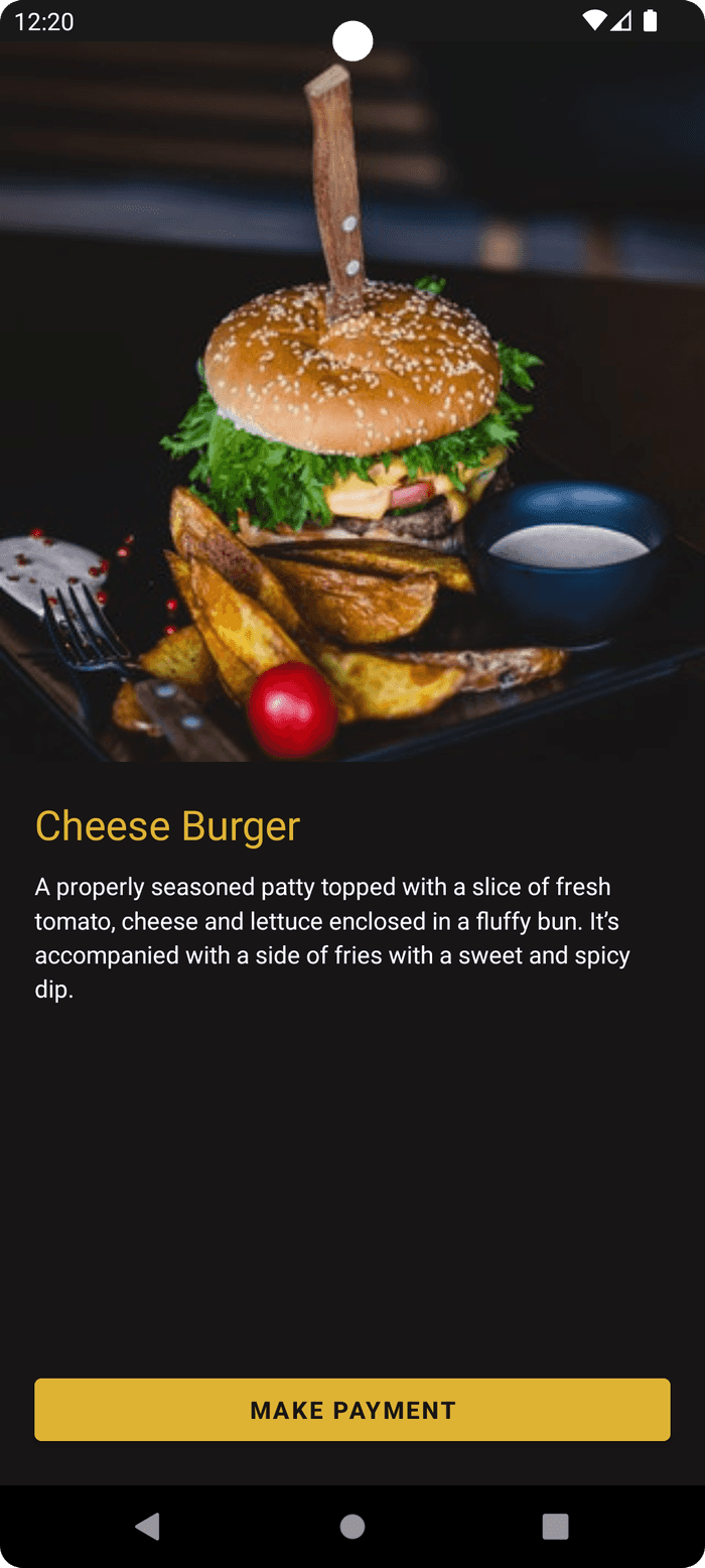 Main Activity containing the picture of a cheese burger and it's description