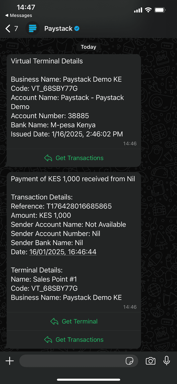 Virtual Terminal transaction notification